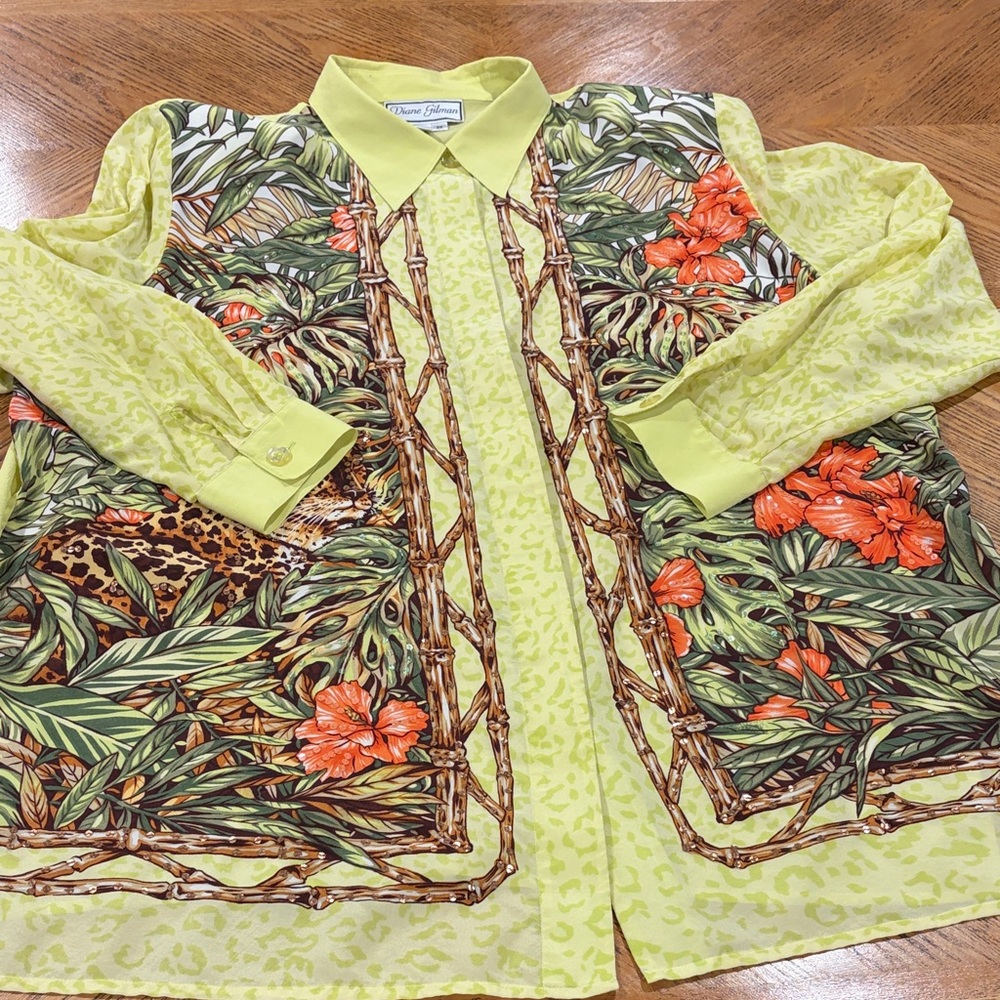 Vintage Diane Gilman Neon Tropical Animal Print Leopard Button-Up Blouse Size 2X - Picture 13 of 15